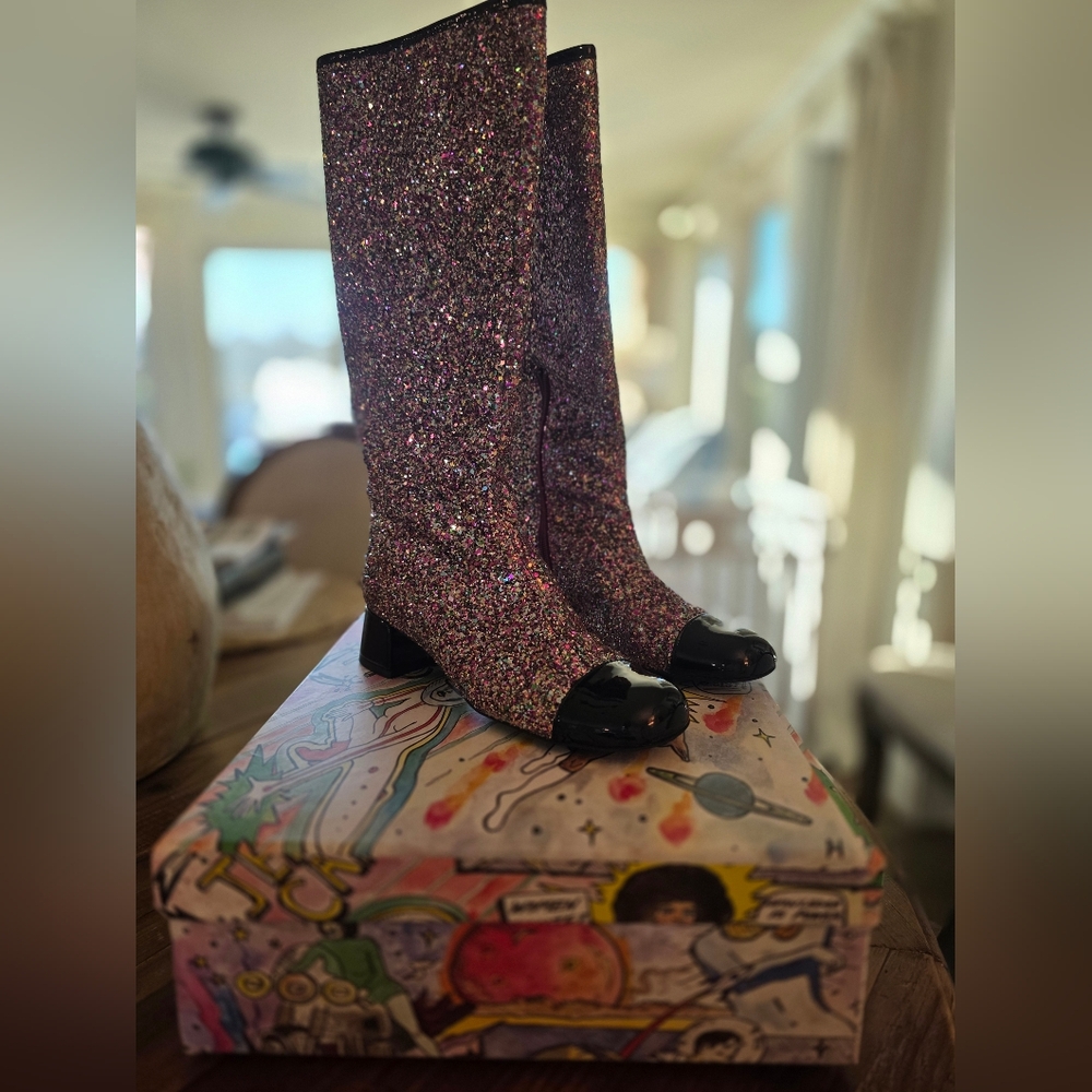 Free People Size 7 Glitter Pink/Rose  Knee-High Boots with Black Toe Cap Worn 1X